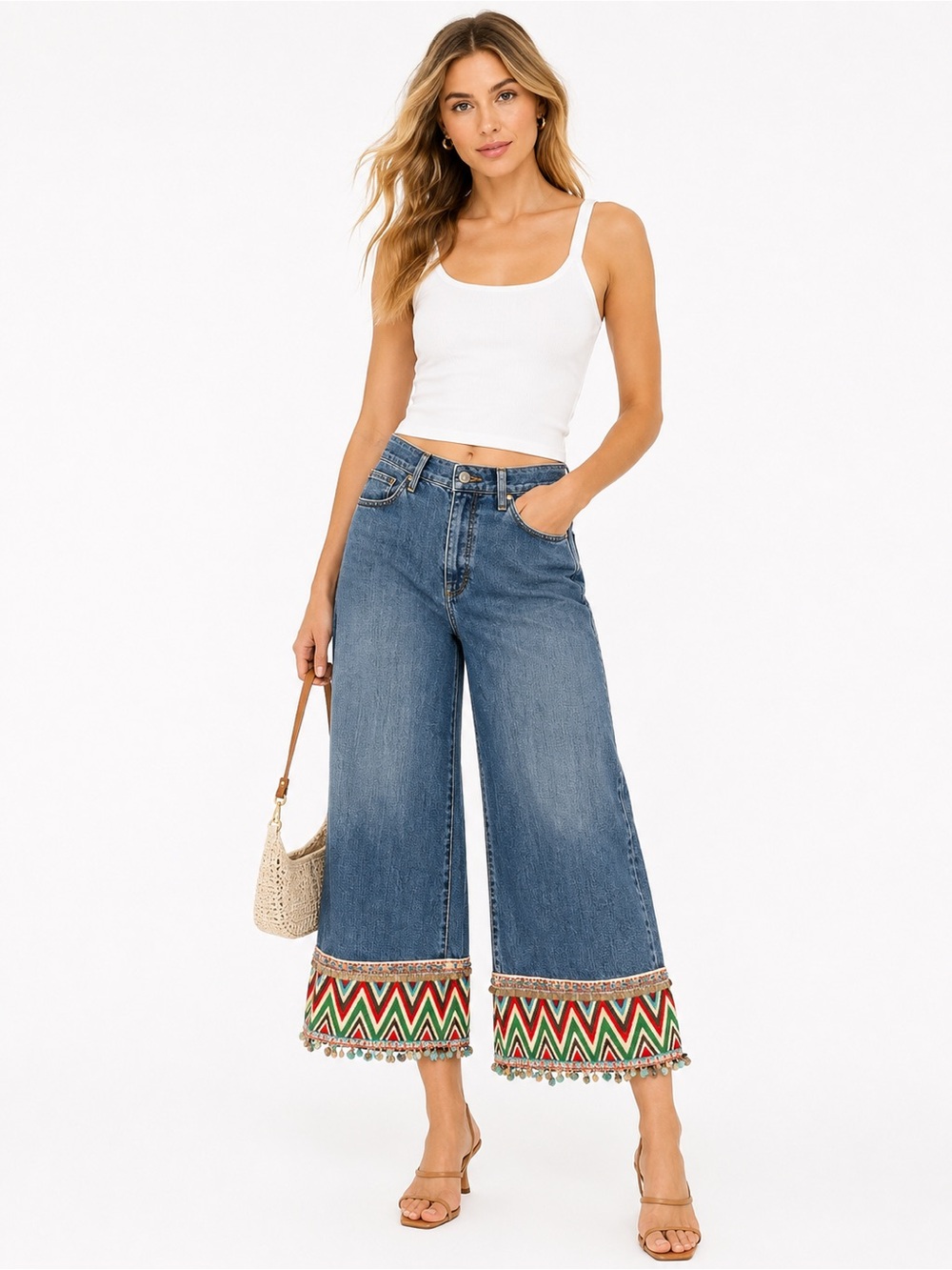 Alice + Olivia Beta Wide Leg Embroidered Gaucho Denim Jeans Size 26 - Picture 3 of 10